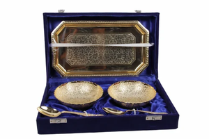 Golden Tray With 2 Bowls Luxury Decorative Metal Serving Set For Dry Fruits Sweets Wedding <b>Gift</b> Tableware - Product Image 1