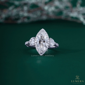 3.96CT Marquise Cut Lab Grown Diamond Halo Engagement Ring 14K 18K White Gold Heart Side Stone Multi <b>Row</b> Pave Band Bridal Ring - Product Image 1