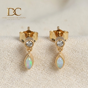 14KT Solid Yellow Gold Ethiopian <b>Opal</b> Drop <b>Earrings</b> with Lab Grown Diamond Bezel Studs Handmade IGI Fine Jewelry for Women - Product Image 6