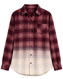 Camisa de Franela a Cuadros Ombre Borgoña para Mujer, Personalizada por el Fabricante, Manga Larga, con Botones, Informal, Mezcla de Algodón, para Otoño e Invierno - Product Image 1