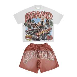 Ensemble T-shirt et short d'été pour homme, tendance, imprimé DTG délavé à l'acide, 2 pièces, mélange polyester/coton, séchage rapide, streetwear décontracté, mode - Product Image 5