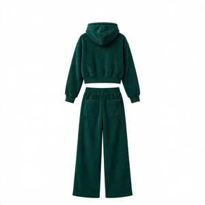 Conjunto de Moletom Verde com Zíper e Calça de Moletom de Perna Larga para Mulheres, Agasalho <span class=keywords><strong>Casual</strong></span> de Duas Peças com Capuz e Cordão, Estilo Moderno - Product Image 2