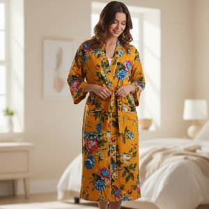 Robe Kimono en Coton Imprimé Floral Faite à la Main, Manches Longues, Légère, Ceinturée, pour la Détente, le Spa et les Resorts - Product Image 3