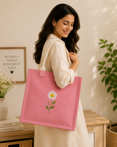Pink Jute Tote Bag With <b>Daisy</b> Embroidery Medium Size Hand Carry Shopping Bag - Product Image 4