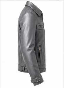Blouson moto en cuir véritable beige pour homme, col rabattu, fermeture éclair, coupe ajustée, manches classiques, couleur unie, automne - Product Image 3