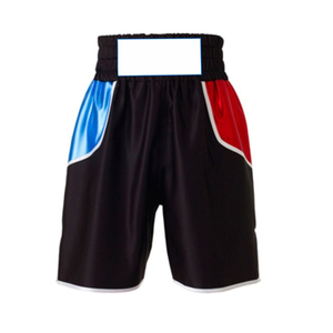 Shorts de boxe noirs personnalisés avec panneaux bleus et rouges, en polyester à séchage rapide, pour hommes, entraînement d'arts martiaux, taille adulte, coupe classique - Product Image 3