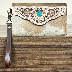 OEM & ODM New Tooled Cowhide Leather Wristlet Clutch Western Floral Wallet Turquoise Concho Design Hair On Hide Purse Trendy <b>Bag</b> - Product Image 4
