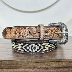 Vente en gros de ceinture perlée Cowboy ceinture western en cuir de vache avec design floral repoussé à la main au meilleur prix pour hommes et femmes - Product Image 6
