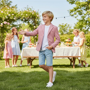 Blazer rose à revers cranté pour garçons, uniforme scolaire décontracté coupe ajustée pour élèves du primaire – Prix usine - Product Image 4