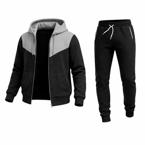 Men’s Black Grey Contrast Hoodie Tracksuit Slim Fit <b>Zip</b> <b>Up</b> <b>Jacket</b> Jogger Pants Casual Sportswear Gym Fitness Outfit Set - Product Image 3