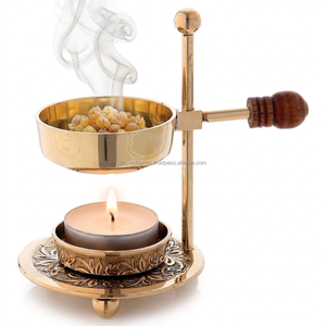 Adjustable Brass Resin Incense Burner Wooden Handle Smokeless Tealight <b>Candle</b> Frankincense Warmer Censer Wholesale - Product Image 1