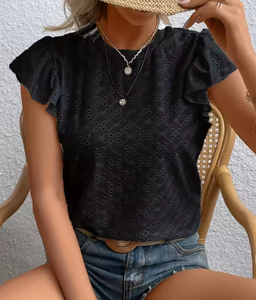 Camiseta de punto con hombros descubiertos y manga corta para mujer, estilo nuevo de verano, corte ajustado, simple y único, que realza la figura. - Product Image 1