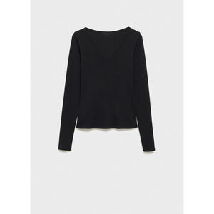 Haut en tricot noir à col en V et manches longues pour femme, coupe ajustée, couleur unie, style minimaliste, à porter toute l'année - Product Image 4