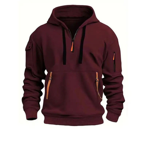 Sudadera con capucha negra para hombre, media cremallera, corte regular, color liso, con bolsillo, estilo casual, para otoño, transpirable, de poliéster y forro polar, ODM - Product Image 2