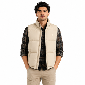Gilet matelassé beige pour homme avec fermeture éclair, col montant, coupe-vent, rembourrage en polyester, vêtement d'hiver décontracté, vestes sans manches pour homme OEM B2B - Product Image 1