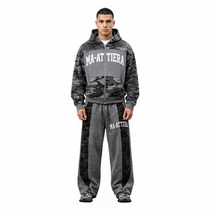 Ensemble de survêtement pour homme gris et noir camouflage avec sweat à capuche zippé, coupe ample, jambe large, style streetwear, design à empiècements, personnalisable OEM ODM - Product Image 1