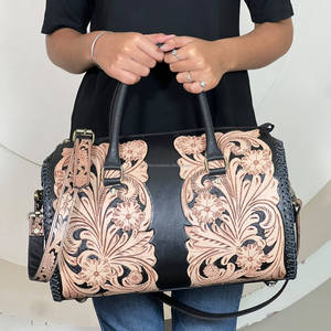Custom Hand Tooled Genuine Floral Leather Matching 3 Piece Luggage Set Vintage Travel Duffel <b>Crossbody</b> Shoulder <b>Bag</b> For Women's - Product Image 2
