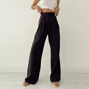 Pantalones casuales de mujer al por mayor, de cintura alta, con cordón, de algodón, holgados, de pierna ancha, pantalones anchos para mujer - Product Image 3