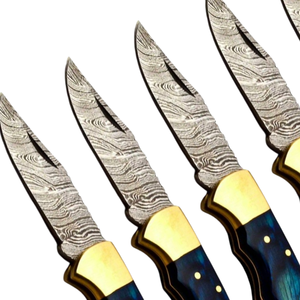 Lote de 5 cuchillos plegables de caza hechos a mano con hoja de acero de Damasco y mango de madera azul con diseño, cuchillo para acampar al aire libre - Product Image 3
