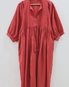 Elegant Coral Red Cotton Plain Maxi <b>Dress</b> With Tie Neck Puff Sleeve <b>Loose</b> Fit Women's Casual Summer <b>Dress</b> - Product Image 5