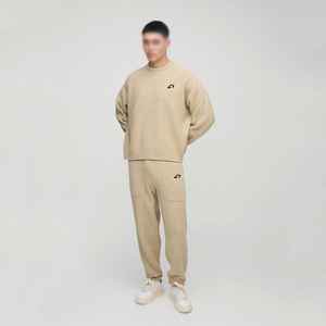 Men's Beige Knitted Crew Neck <b>Sweater</b> <b>Set</b> Regular Fit Casual Joggers Custom Logo Pocket Design Autumn Wear Two Piece Hoodies - Product Image 4