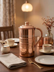 Pichet à eau en cuivre martelé à la main – Carafe de service vintage en métal à bord évasé avec poignée en laiton - Product Image 2