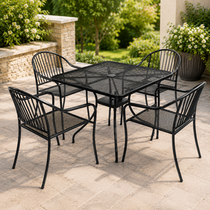 Conjunto de Comedor de Metal Negro para Patio Exterior con Mesa Cuadrada de Malla y Cuatro Sillas para Jardín, Balcón o Terraza - Product Image 4
