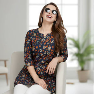 Túnica informal para mujer, azul marino, mezcla de algodón, estampada, cuello redondo, manga tres cuartos, largo regular, totalmente cosida, estilo étnico - Product Image 1