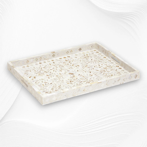 Handcrafted Mother Of Pearl Inlay Serving Tray <b>Grey</b> Floral Design Wooden Decorative Food Platter For Home <b>Dining</b> Ottoman Decor - Product Image 2