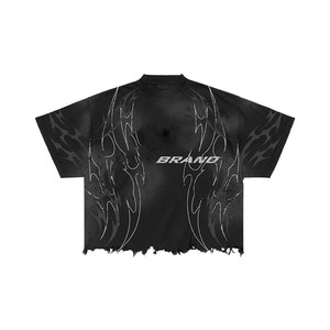 T-shirt 100% coton pour homme, coupe ample, imprimé, 260 GSM, coton délavé, motif flamme noire, impression DTG en relief, personnalisé - Product Image 2