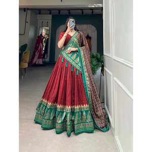 Attractive <b>Red</b> Tussar <b>Silk</b> & Printed Lehenga Choli with Dupatta European Clothing - Product Image 5