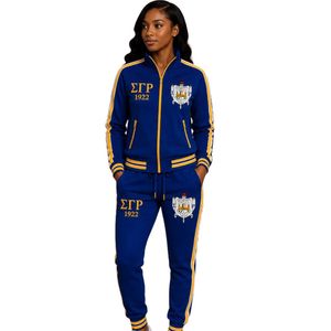 ชุดวอร์ม Sigma Gamma Rho แจ็คเก็ตและกางเกงจ็อกเกอร์ สีน้ำเงินทอง ลายตัวอักษรกรีก ชุดกีฬาแบบกำหนดเอง เสื้อผ้าลำลองแนวสตรีท ขายส่ง - Product Image 1