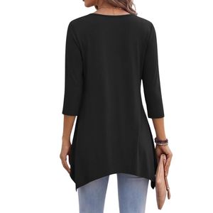Chemisier en rayonne noir à rayures contrastées, grandes tailles, avec empiècements, col rond, ourlet fendu, chemises décontractées bohèmes de haute qualité pour femmes - Product Image 2