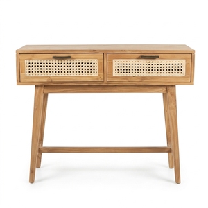 Mesa Consola Moderna de Madera de Teca Sólida y Ratán, 2 Cajones, Acabado Natural, Ensamblaje Completo, Muebles para Sala de Estar, Dormitorio, Apartamento - Product Image 2
