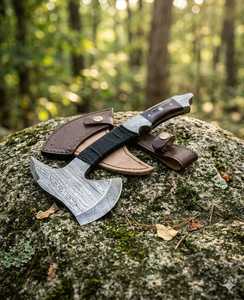 Hache à double lame faite à la main avec lame en acier Damas et manche en bois pour la survie en plein air, DIY - Product Image 2