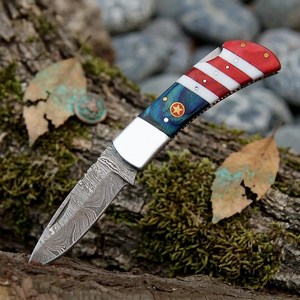 High Quality Damascus Steel Clip Point Straight Edge EDC Hunting Folding <b>Knife</b> Back Lock Mechanism Black <b>Handle</b> OEM ODM - Product Image 1