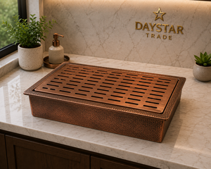 Évier de cuisine rectangulaire double vasque Daystar Trade, moderne, fait main, martelé, brossé, à quatre trous, à encastrer, épaisseur personnalisée, en acier inoxydable pur - Product Image 2