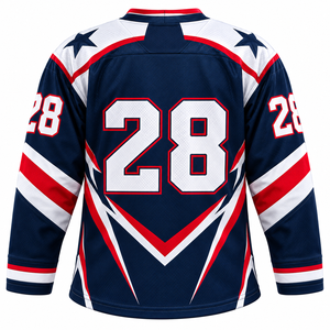Camiseta de hockey sobre hielo para hombre, color azul marino, blanco y rojo, número de equipo 28, manga larga, malla transpirable - Product Image 1