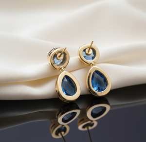 Blue Amethyst Earrings | Round & 9x12mm Pear Gemstone | 925 Sterling <b>Silver</b> 18K Gold <b>Plated</b> | 4 Inch 10g Statement Stud Earrings - Product Image 3