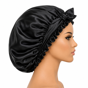 Bonnet de nuit en satin pour femmes, noir, élastique réglable, pour usage domestique, style décontracté, adulte - Product Image 3