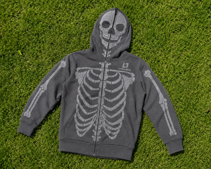 Men’s Grey <b>Skeleton</b> Rhinestone Hoodie with <b>Full</b> Zip Balaclava Mask, Crystal Skull Bone Pattern, Gothic Hip Hop Streetwear Jacket - Product Image 6