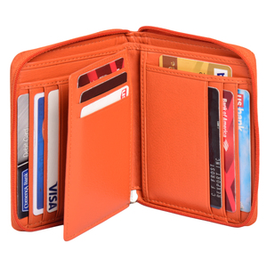 Orange leather zipper wallet women short bifold purse coin pocket card <b>holder</b> <b>ID</b> window compact organizer clutch bag - Product Image 2