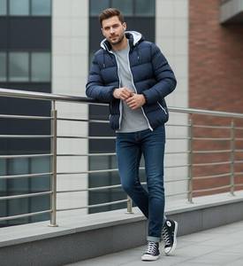 Chaqueta Acolchada con Capucha para Hombre, Color Azul Marino, Relleno de Poliéster, Cierre Frontal con Cremallera, Abrigo Casual de Invierno para Exteriores, Prenda Ligera - Product Image 4