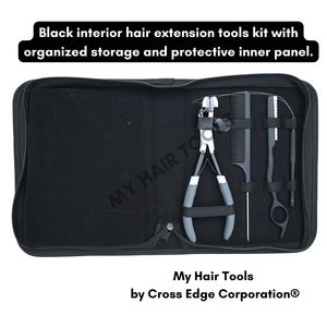 Kit d'outils tout-en-un pour extensions de cheveux noir, comprenant une pince à micro-perles, une pince à sertir à poignée en caoutchouc, un outil à boucles et un rasoir de coupe. - Product Image 5