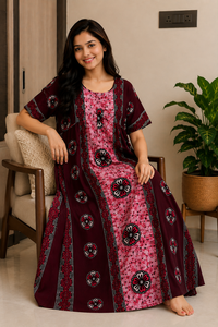 Chemise de nuit en coton de haute qualité, couleur marron, imprimé floral, col rond, manches courtes, vêtement de détente, kaftan, confort optimal - Product Image 4