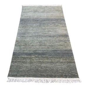 Wool <b>Runner</b> Rug TRO-0245 Modern Wool Silk <b>Grey</b> Contemporary Area Rug with Greek Border Design Hand Knotted - Product Image 1
