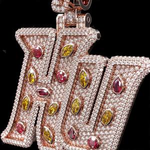 Pendentif Lettre Personnalisé en Argent S925 avec Moissanite VVS Multicolore, Tailles Fantaisie, Mélange Vibrant Rouge Jaune Poire Ovale, Certifié Hiphop - Product Image 3