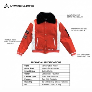 Veste universitaire unisexe rouge et blanche avec col en fausse fourrure, boutons sur le devant, coupe-vent, hiver, décontractée, en toile de coton épaisse - Product Image 5