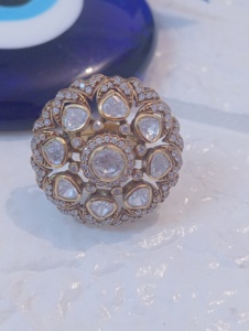 Amaira Jewels SM-307 Floral Shape Classic <b>Cocktail</b> <b>Ring</b> Women's 18K <b>Gold</b> Plated Moissainite Pave Setting Adjustable Wedding - Product Image 3