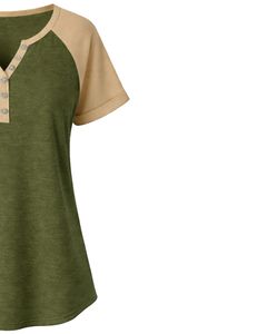 Olive Green Beige Women TShirt Short Sleeve Henley Neck Raglan Top Soft Cotton Casual Loose Fit Summer Tee Breathable Daily Wear - Product Image 5